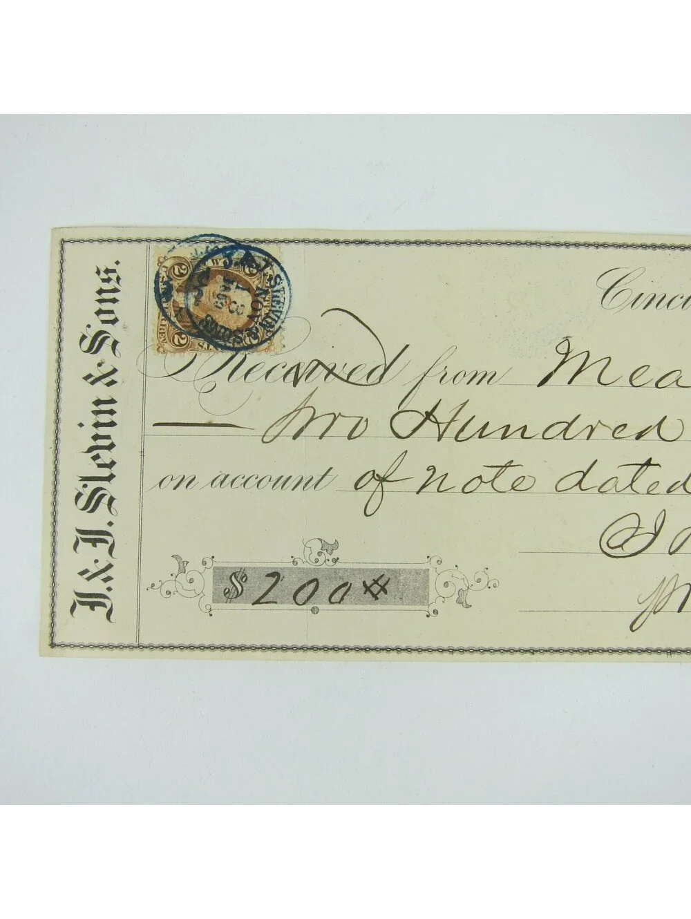 1869 Promissory Note & Revenue Stamp J. & J. Slevin & Sons Cincinnati OH Antique